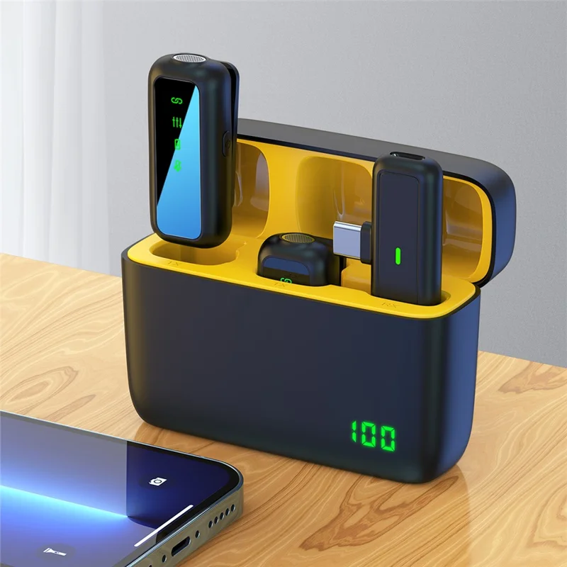 SX6 Digital Display Microphone Wireless Lavalier Mic Set with Type-C Receiver for Outdoor Live Streaming, Radio Recording - Yellow