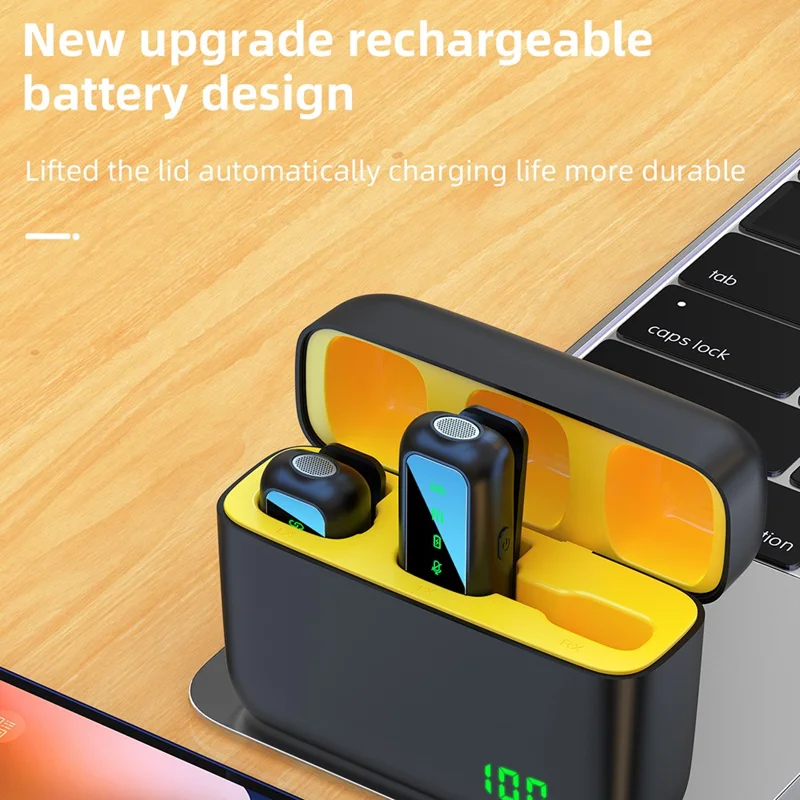 SX6 Digital Display Microphone Wireless Lavalier Mic Set with Type-C Receiver for Outdoor Live Streaming, Radio Recording - Yellow