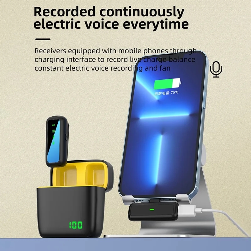 SX6 Digital Display Microphone Wireless Lavalier Mic Set with Type-C Receiver for Outdoor Live Streaming, Radio Recording - Yellow