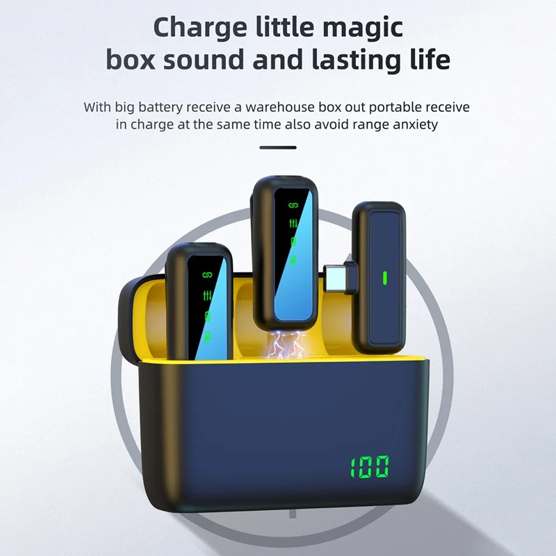 SX6 Digital Display Microphone Wireless Lavalier Mic Set with Type-C Receiver for Outdoor Live Streaming, Radio Recording - Yellow