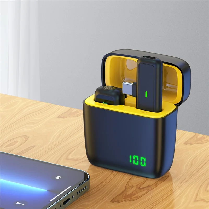 SX5 Type-C Lavalier Microphone Wireless Video Recording Lapel Clip-on Mic with Digital Display Charging Bin - Yellow