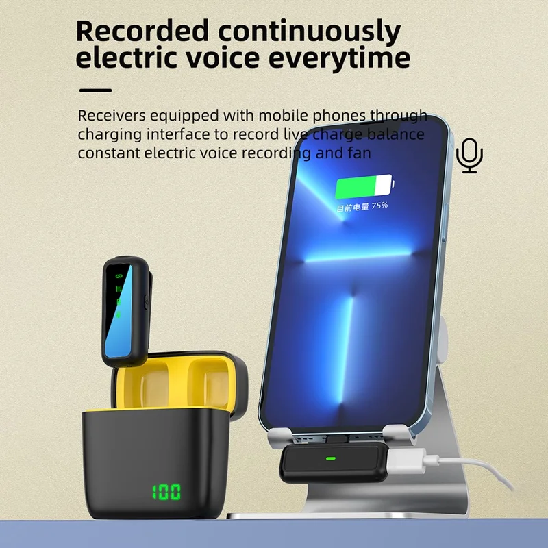 SX5 Type-C Lavalier Microphone Wireless Video Recording Lapel Clip-on Mic with Digital Display Charging Bin - Yellow