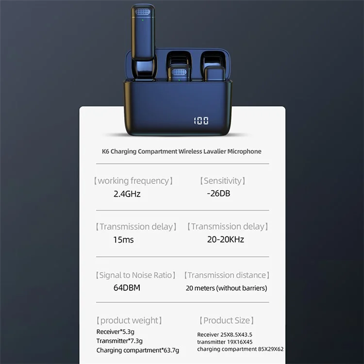 K6 Clip-On Cordless Microphone (1 Microphone + 1 Receiver) - For iPhone / Black