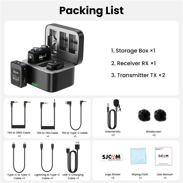 SJCAM M1 Wireless Lavalier Microphone, 1 Transmitter+2 Receivers Mic Set with Charging Case