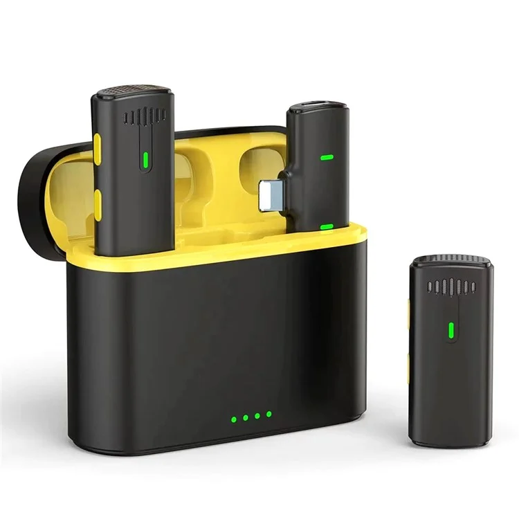 K10 Wireless Lavalier Mic DSP Noise Canceling Microphone  (2 Microfoni+1 Ricevitore) - Per iPhone / Nero+Giallo