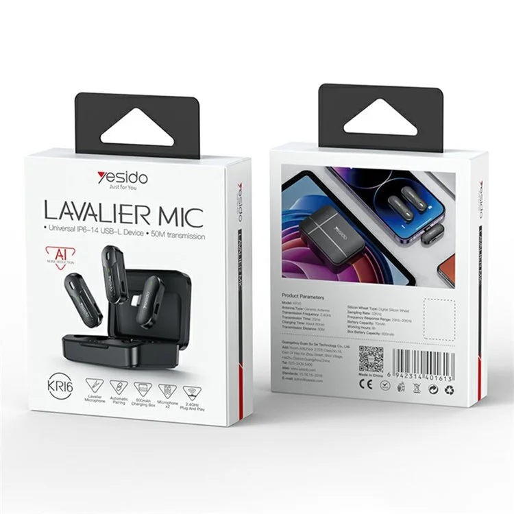YESIDO KR17 Sistema de micrófono lavalier con estuche de carga, 2 transmisores + 1 receptor