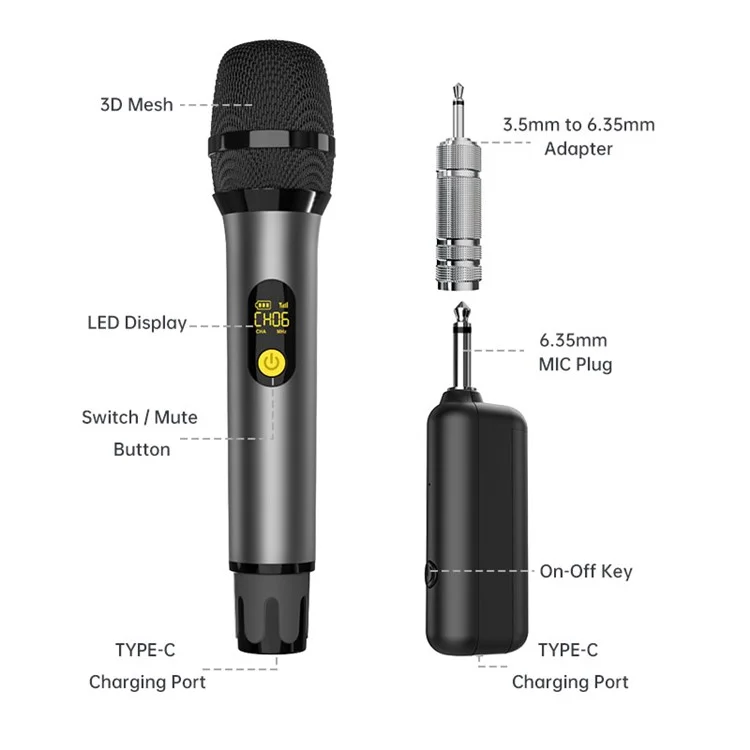 Microphone sans fil UHF pour karaoké à domicile H21H, 2 micros + 1 récepteur - Gris