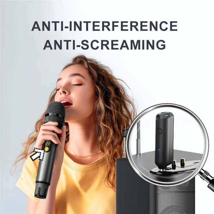 Microphone sans fil UHF pour karaoké à domicile H21H, 2 micros + 1 récepteur - Gris