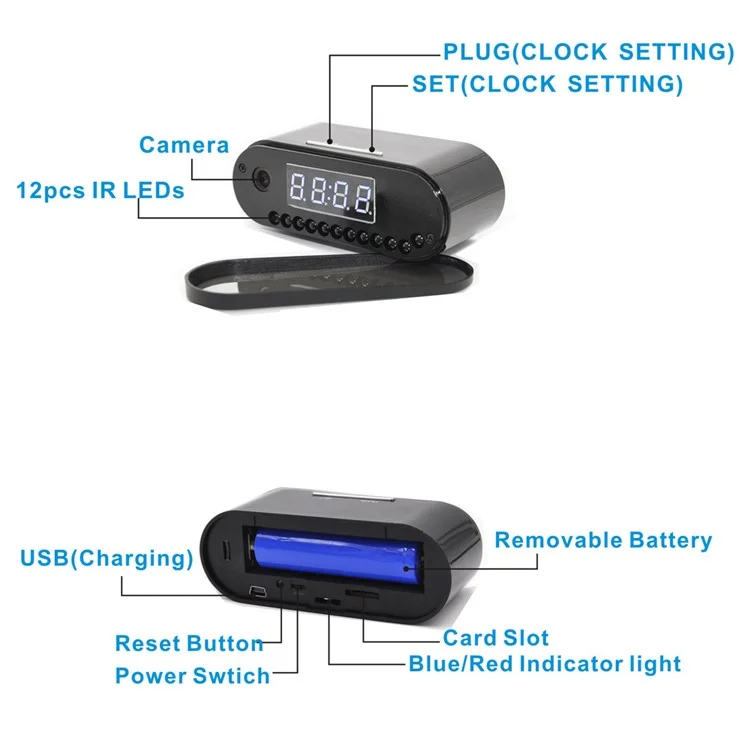 Caméra cachée avec réveil WiFi I4 1920x1080P Full HD Vision Nocturne