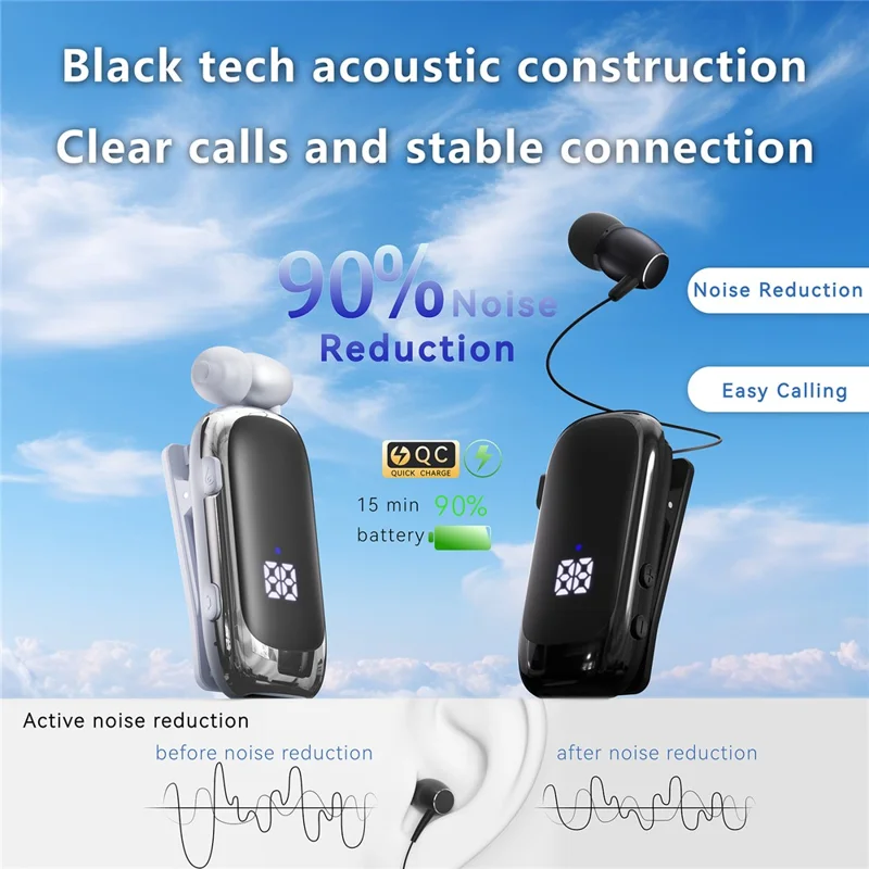 K88 Business Lavalier Headphones Retractable Sports Bluetooth-compatible Earphones with LED Display - Silver