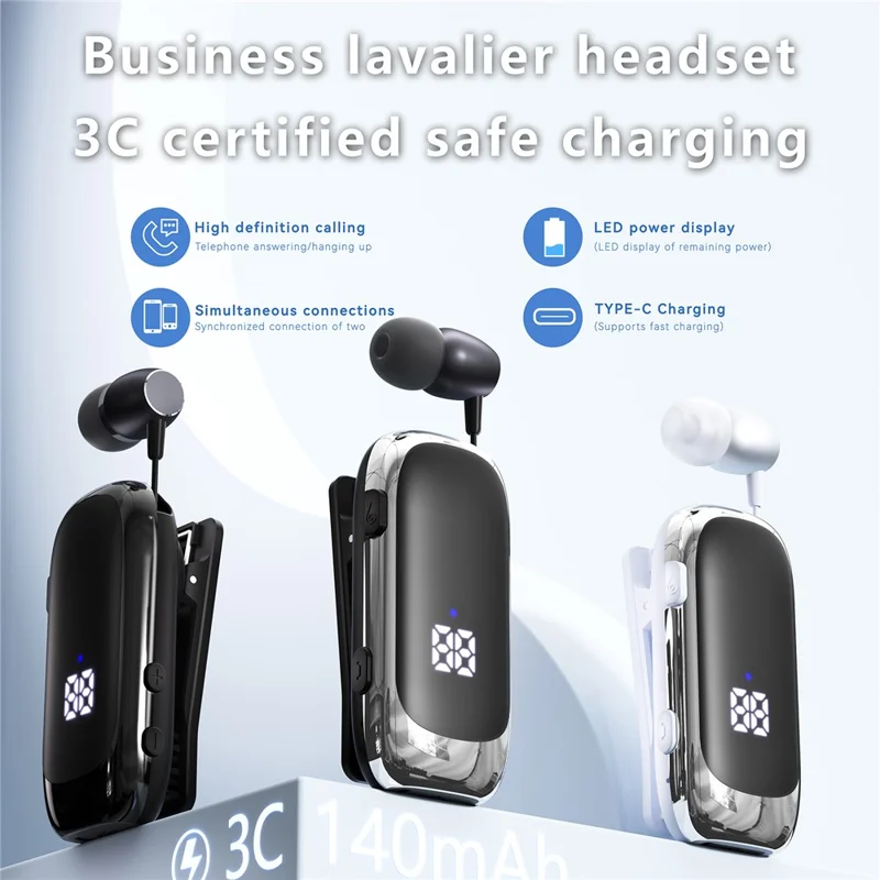K88 Business Lavalier Headphones Retractable Sports Bluetooth-compatible Earphones with LED Display - Silver