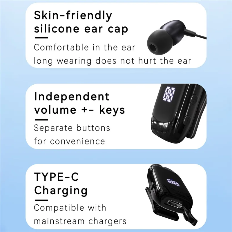 K88 Business Lavalier Headphones Retractable Sports Bluetooth-compatible Earphones with LED Display - Silver