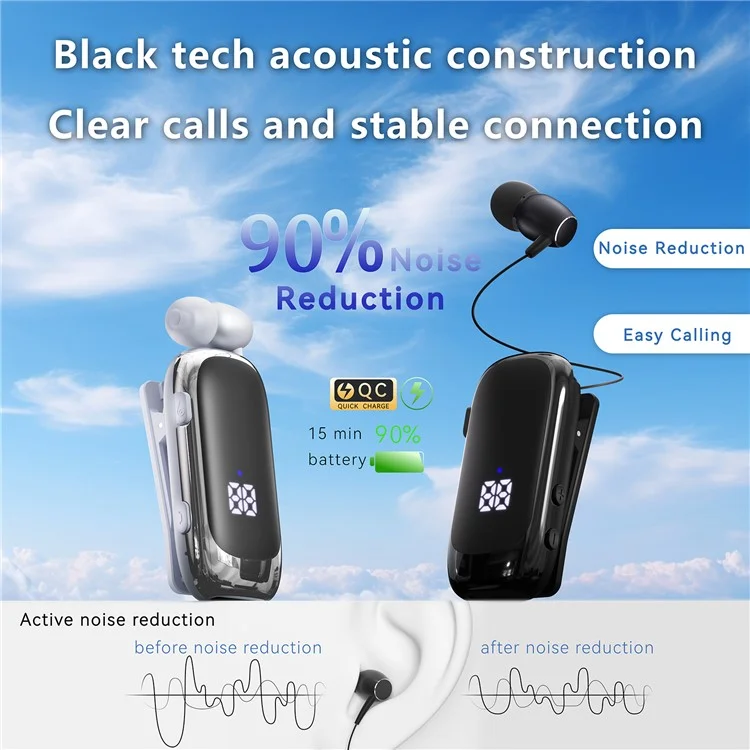 Écouteurs K88 Business Lavalier Elecphones Sportifs Rétractables Avec Affichage LED - Noir Mat