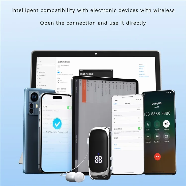 Écouteurs K88 Business Lavalier Elecphones Sportifs Rétractables Avec Affichage LED - Noir Mat