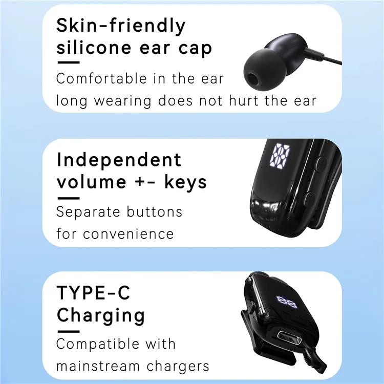 Écouteurs K88 Business Lavalier Elecphones Sportifs Rétractables Avec Affichage LED - Noir Mat