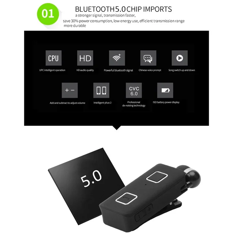 K35 Mini Wireless Headset Retractable Business Lavalier Earphone for Sports Driving - Black