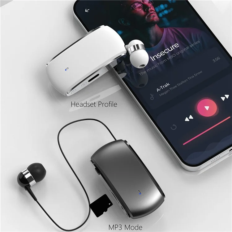 K68 Retractable Lavalier Bluetooth-compatible Earphone MP3 Conference Recording Wireless Headphone - White