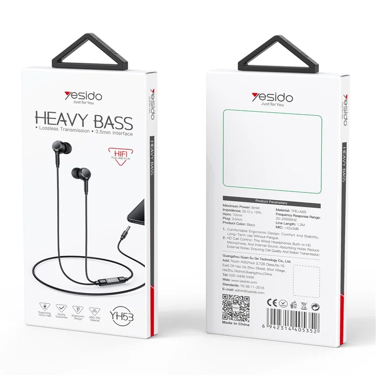 YESIDO YH53 3,5 mm Verdrahtet Kopfhörer Kabelsteuerung Telefon Computer Musik Gaming In-Ear-Headset - Schwarz