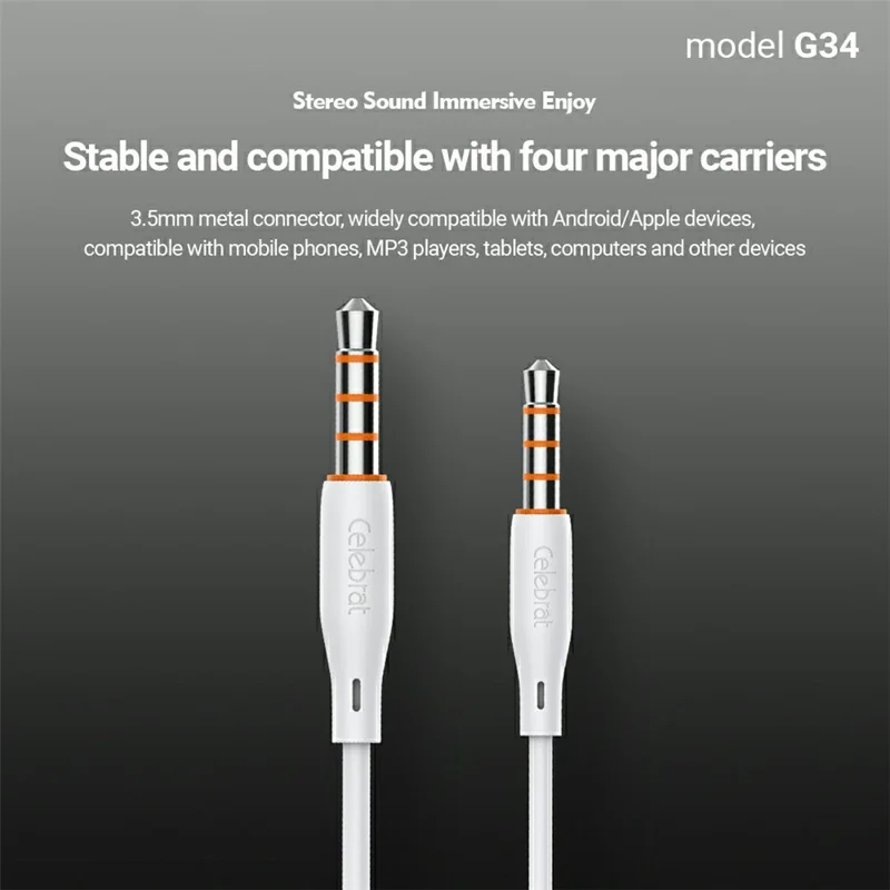 CELEBRAT G34 3.5mm Wired Earphone Wire Control Stereo Music Calls Headset - White