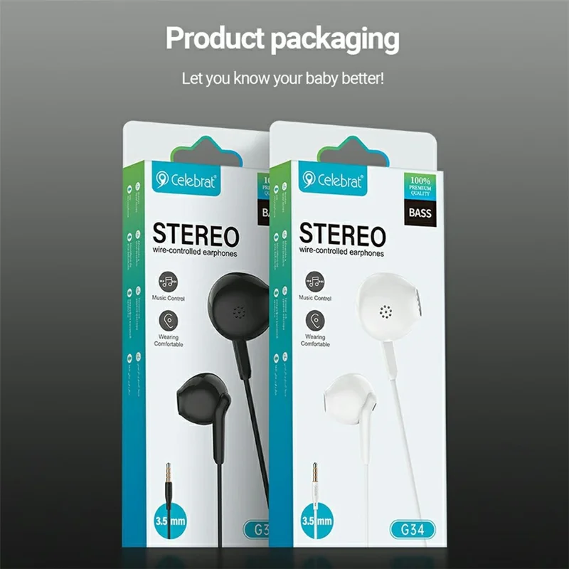 CELEBRAT G34 3.5mm Wired Earphone Wire Control Stereo Music Calls Headset - White