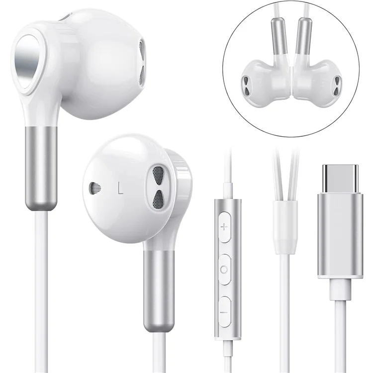 ME542 Type-C Wired Earphones with Mic Magnetic Semi-In-Ear Headphones for iPhone Google Samsung - White