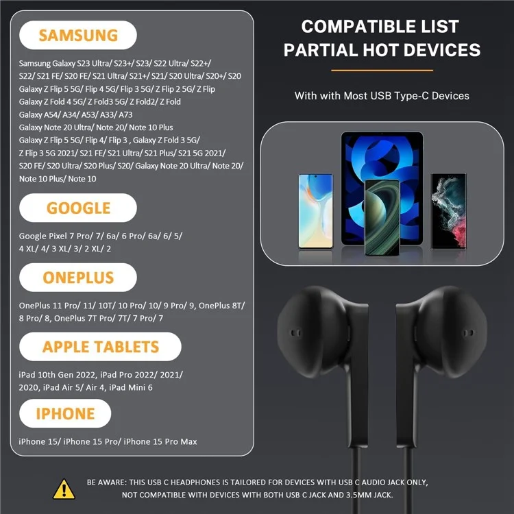 ME941A 1.2m Type-C Wired Earphones with Mic USB-C Headphones for iPhone Google Samsung - Black