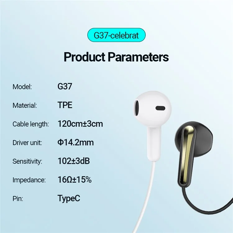 CELEBRAT G37 Type C Wired Earphones Digital Decoding HiFi Audio Semi In Ear Music Headphones - Black