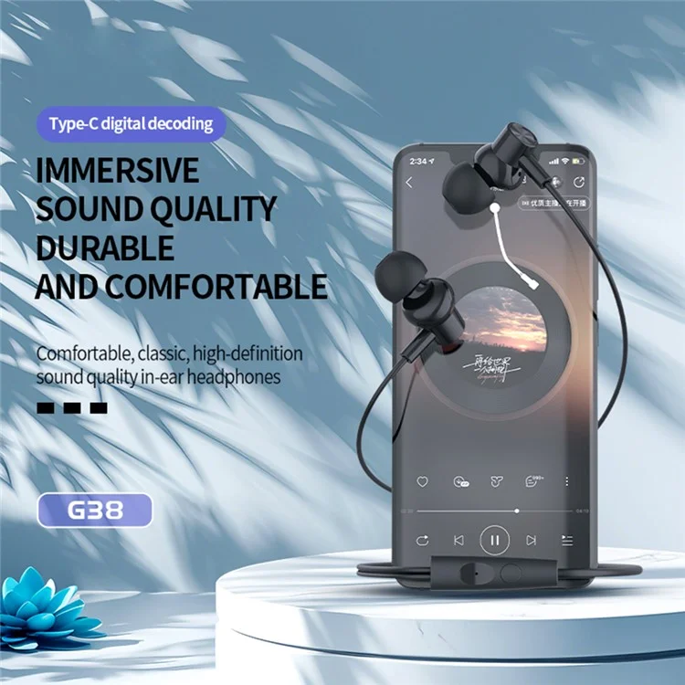 CELEBRAT G38 Type C Écouteurs Intra-auriculaires Filaires avec Décodage Numérique HiFi Audio Musique - Noir