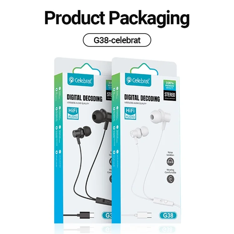 CELEBRAT G38 Type C Écouteurs Intra-auriculaires Filaires avec Décodage Numérique HiFi Audio Musique - Noir
