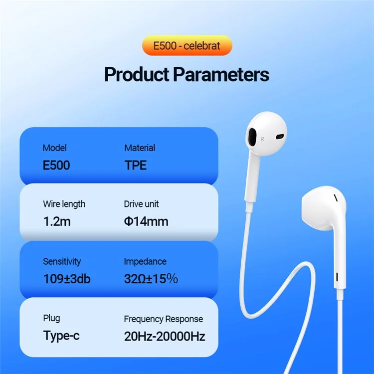CELEBRAT E500 Écouteurs filaires semi-intra-auriculaires Type C avec câble de 1,2 m et basses profondes