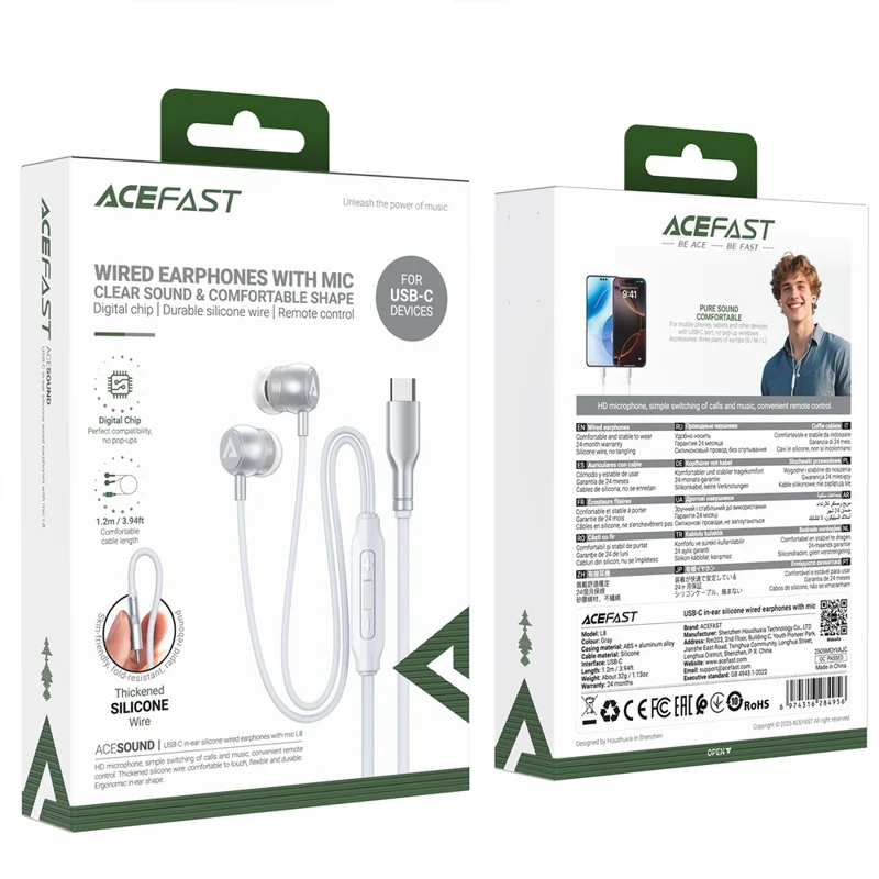 ACEFAST L8 Auriculares con cable intraurales para dispositivos USB-C con micrófono, cable de silicona antienredos - Gris