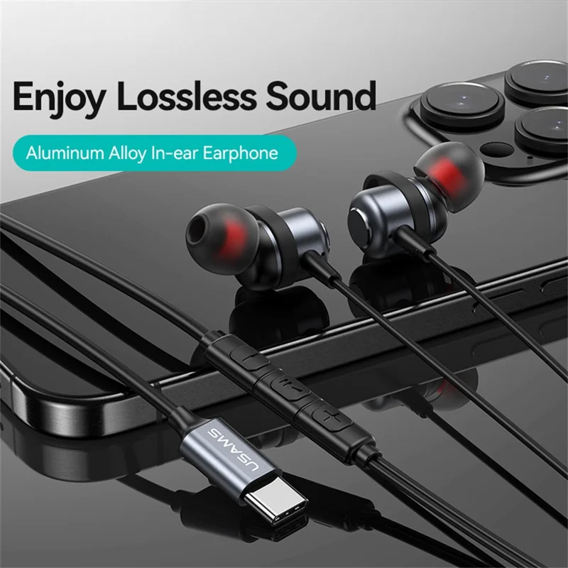 USAMS SJ758 EP-48 słuchawki wewnątrzuszne przewodowe słuchawki z aluminiową stopą Typ-C z trzyprzyciskową kontrolą