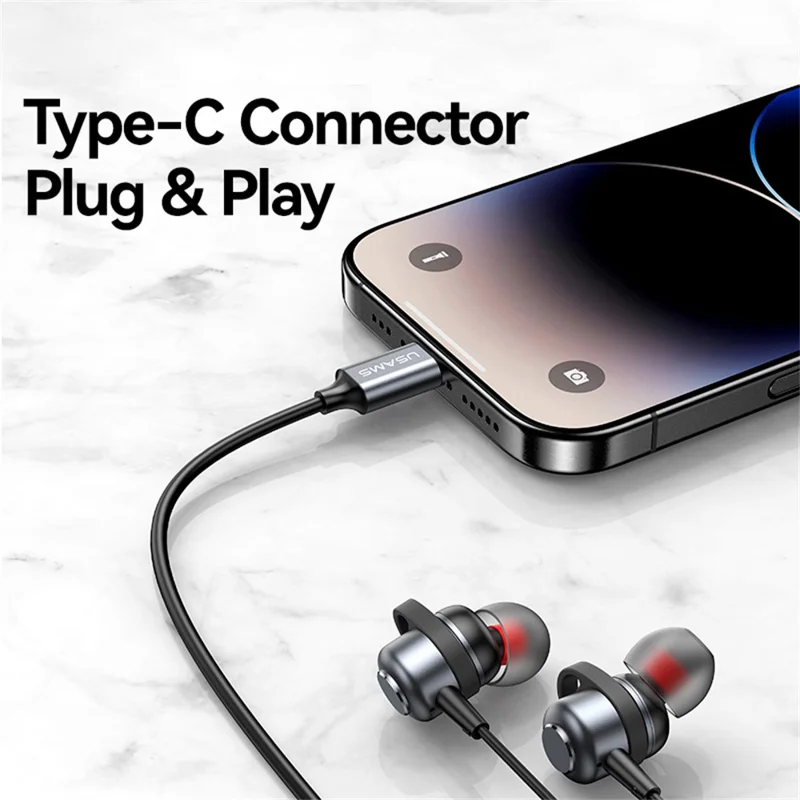 USAMS SJ758 EP-48 słuchawki wewnątrzuszne przewodowe słuchawki z aluminiową stopą Typ-C z trzyprzyciskową kontrolą