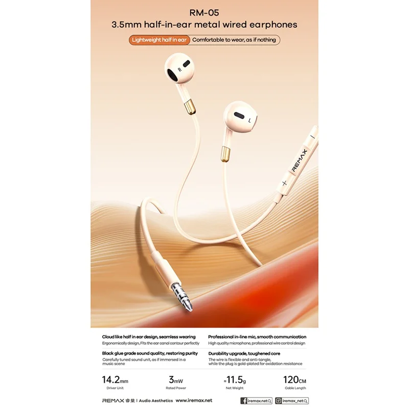 REMAX RM-05 Fones de Ouvido Fios Embutidos de 3,5 mm Semi-Intra-Auriculares Construção Metálica Cabo de 1200 mm Headset com Microfone Embutido - Damasco