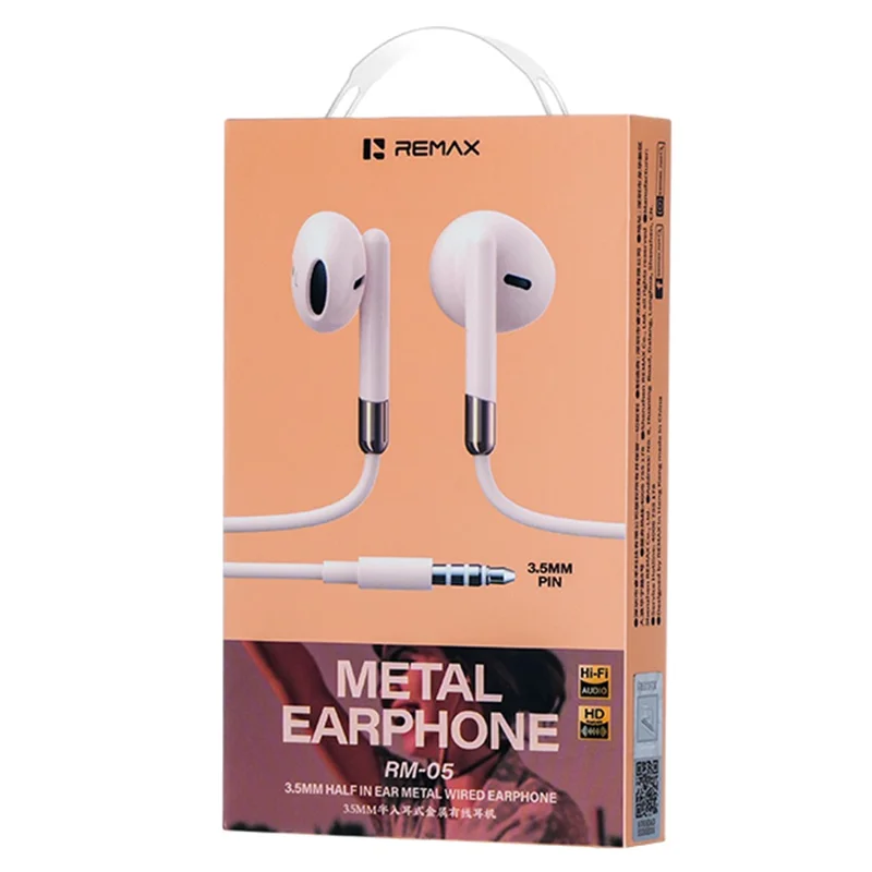 REMAX RM-05 Fones de Ouvido Fios Embutidos de 3,5 mm Semi-Intra-Auriculares Construção Metálica Cabo de 1200 mm Headset com Microfone Embutido - Damasco