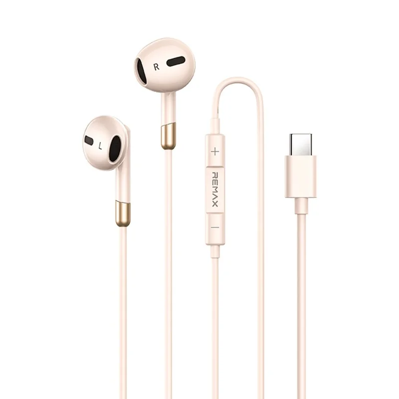 REMAX RM-05a Type-C Semi In-Ear Wired Earphones Metal Construction 1200mm Cord Headset Built-in Microphone - Apricot