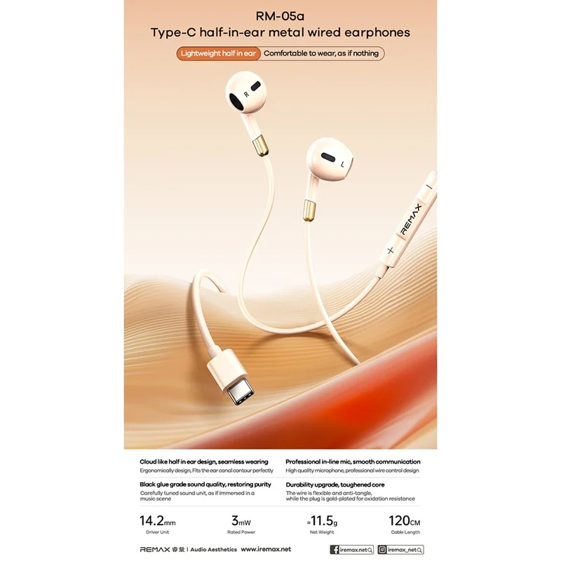 REMAX RM-05a Type-C Semi In-Ear Wired Earphones Metal Construction 1200mm Cord Headset Built-in Microphone - Apricot