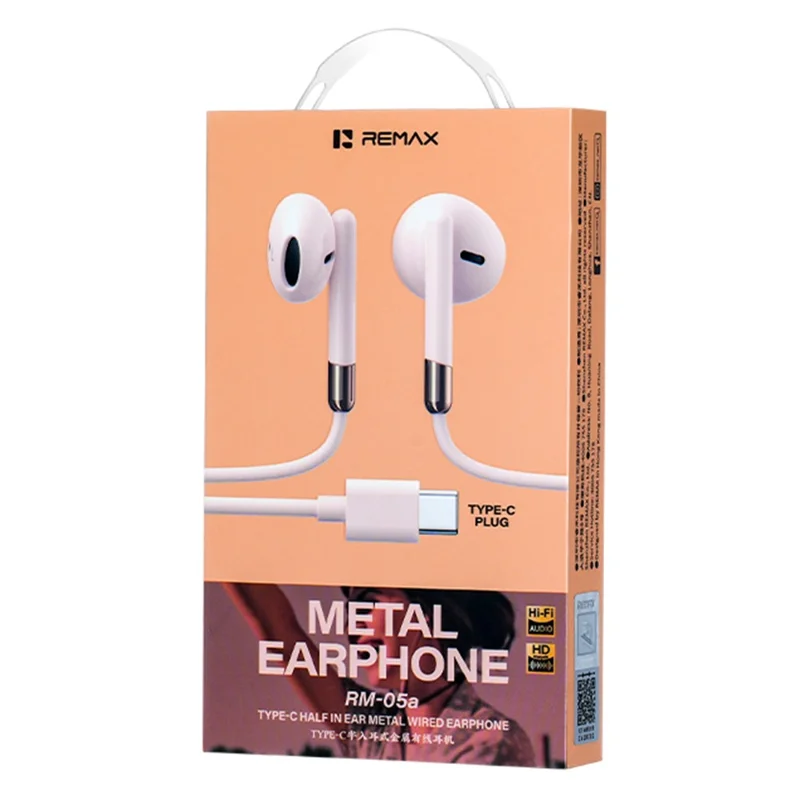 REMAX RM-05a Type-C Semi In-Ear Wired Earphones Metal Construction 1200mm Cord Headset Built-in Microphone - Apricot