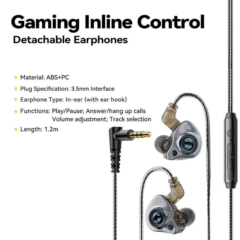 ESSAGER 3.5mm Detachable Wired Earphones In-Ear Gaming Headphones Built-in Microphone, 1.2m - Black