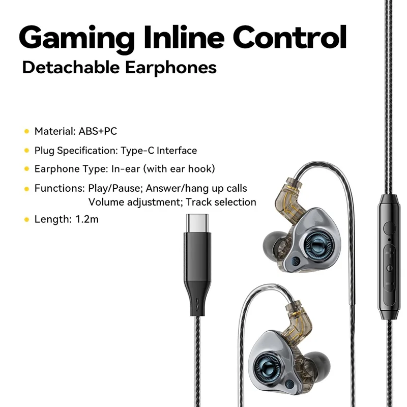 ESSAGER Type C Detachable Wired Earphones In-Ear Gaming Headphones Built-in Microphone, 1.2m - Black