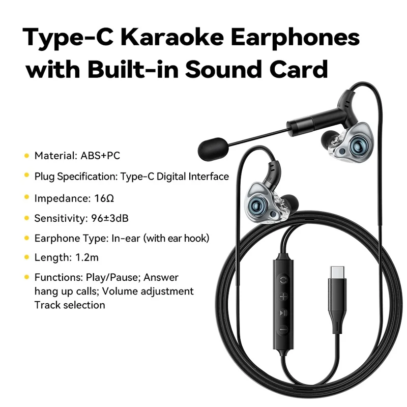 ESSAGER słuchawki karaoke złączem typu C ze zintegrowaną kartą dźwiękową, słuchawki intraauralne z monitorowaniem w czasie rzeczywistym - Czarny