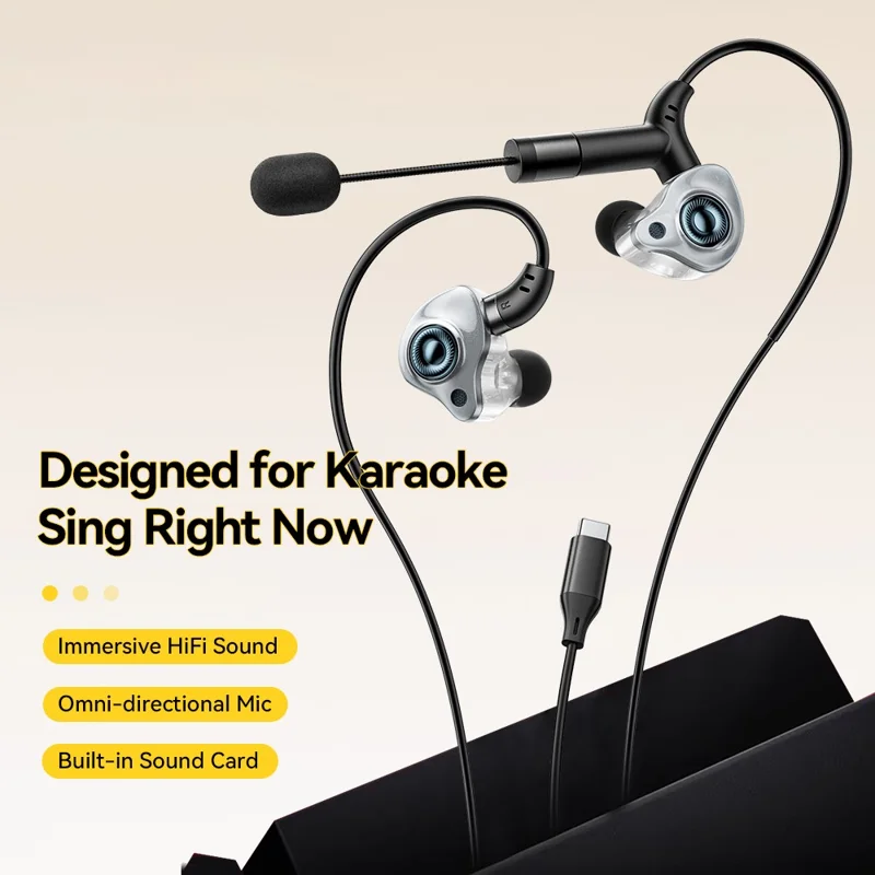 ESSAGER słuchawki karaoke złączem typu C ze zintegrowaną kartą dźwiękową, słuchawki intraauralne z monitorowaniem w czasie rzeczywistym - Czarny