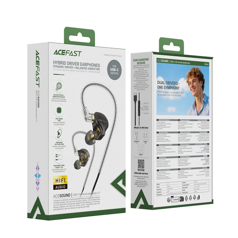 ACEFAST L11 USB-C HiFi проводные наушники с отсоединяемым кабелем и микрофоном для аудио