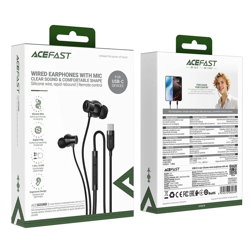 Écouteurs filaires ACEFAST L10 USB-C avec micro, écouteurs intra-auriculaires avec câble en silicone souple et commande intégrée pour téléphones / tablettes