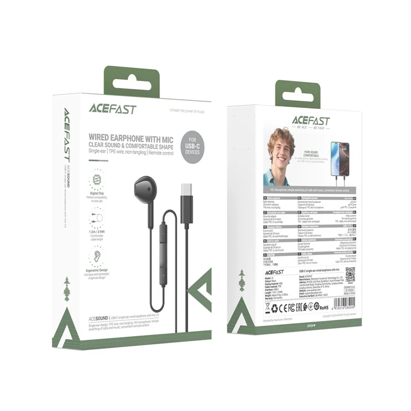 ACEFAST L9 Auscultadores USB-C com Fio, Monaurais com Microfone e Comandos em Linha para Smartphones/Tablets - Preto