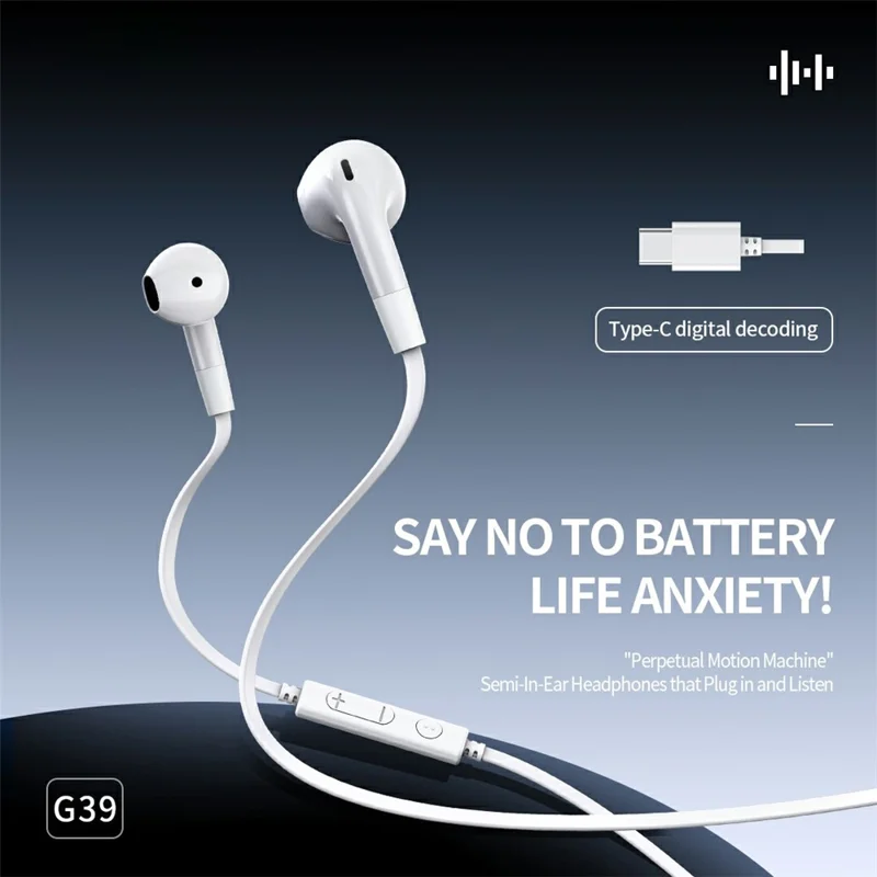 CELEBRAT G39 Type-C Wired Earphones HiFi Stereo Sound Semi In-Ear Earphones with Microphone - White