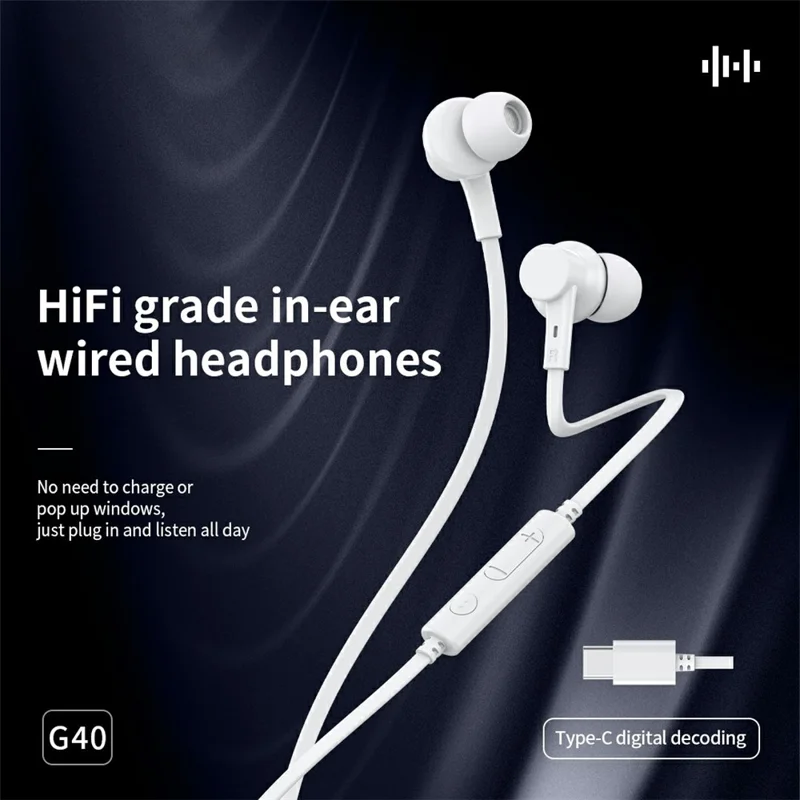 CELEBRAT G40 Type-C Wired In-Ear Earphones Stereo HiFi Sound Earphones with Microphone - White