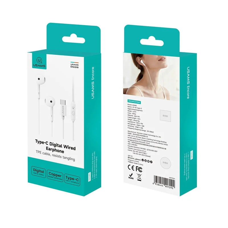 USAMS SJ771 EP-50 1.2m Type-C Digital Wired Earphones Semi-in-ear Earphones with Microphone