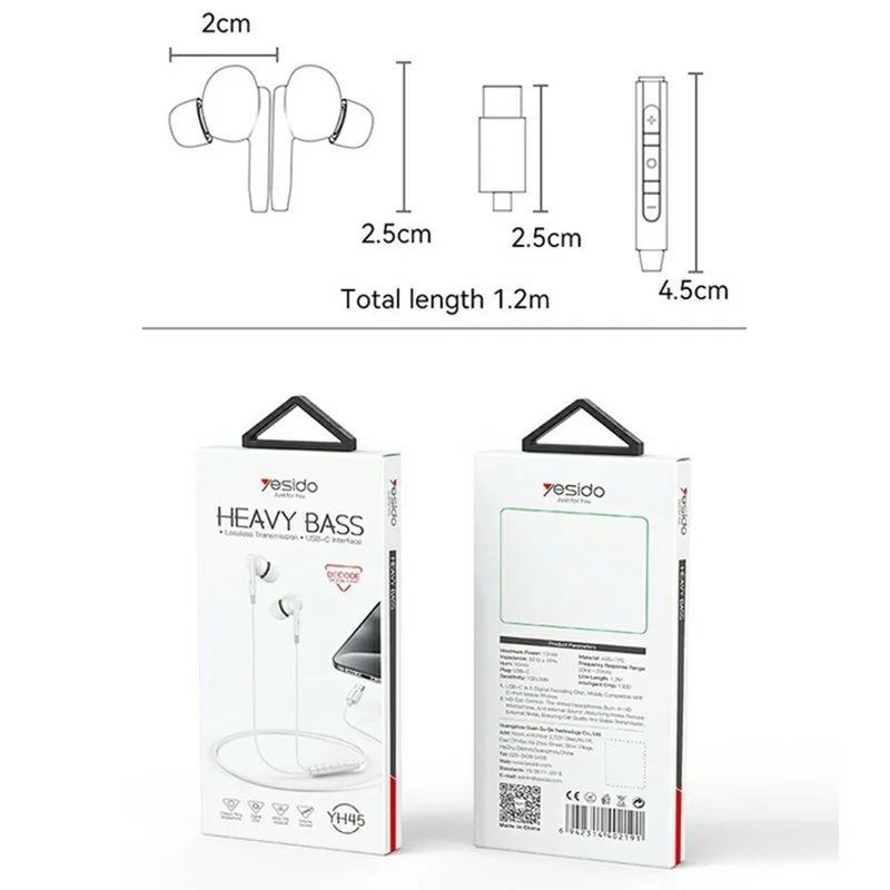 YESIDO YH45 Type-C Digitale Ohrhörer, In-Ear Kabelgebundene Kopfhörer mit Mikrofon – Weiß