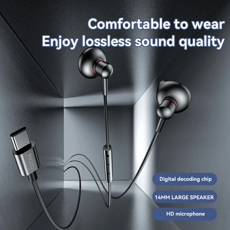 YESIDO YH49 Type-C Digital Ohrhörer verlustfreie Audio-Kabelgebundene Ohrhörer für Desktop / Notebook / Tablet / Handy - Schwarz